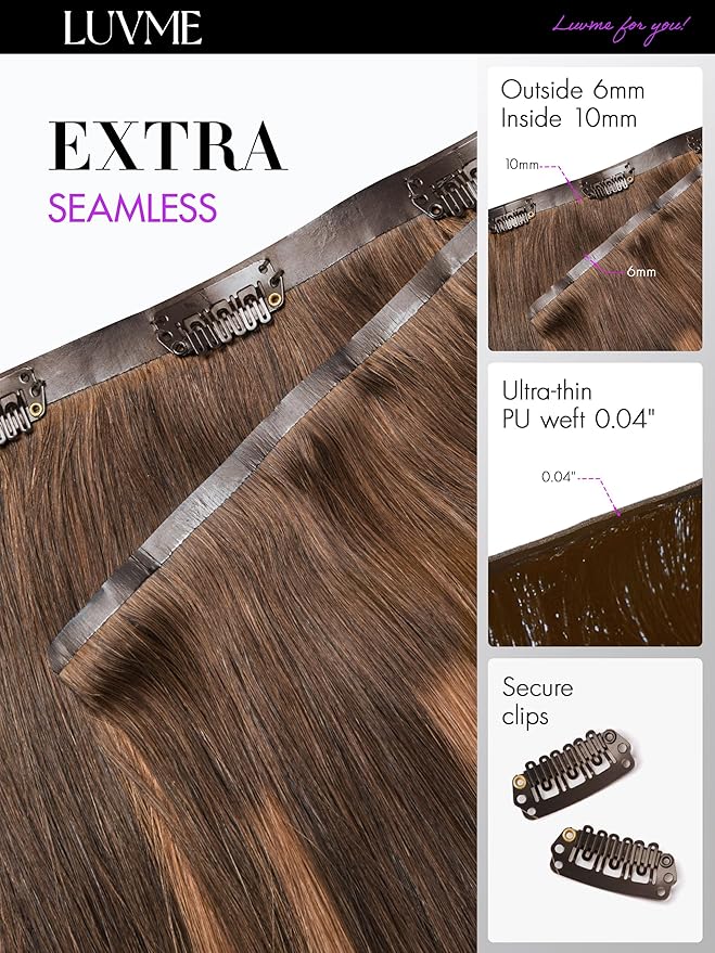 LUVME Straight Seamless 110g 7Pcs Clip in Hair Extensions Full Max with 24inch Remy Human Hair Extensions, Highlight Color 100% Real Soft