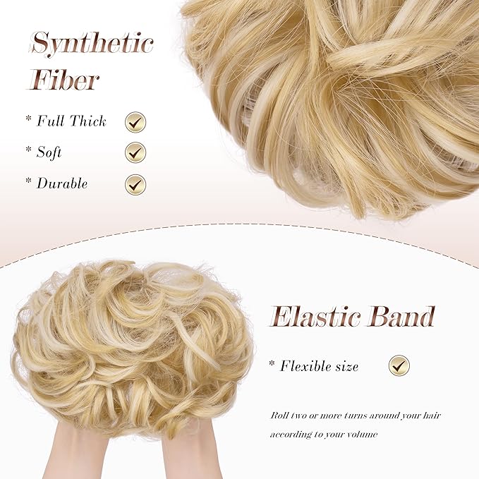 FESHFEN Messy Bun Hair Piece - Large Elastic Wavy Curly Hair Bun Scrunchies Ponytail Extensions Synthetic Chignon Hairpieces for Women, Champagne Blonde & White Blonde 1.94oz
