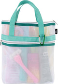 S&T INC. Mesh Shower Caddy, Shower Bag for Dorm Room Essentials, Gym Bag, Camping and More, Two Zippered Pockets, White and Teal, 10 Inches x 10 Inches