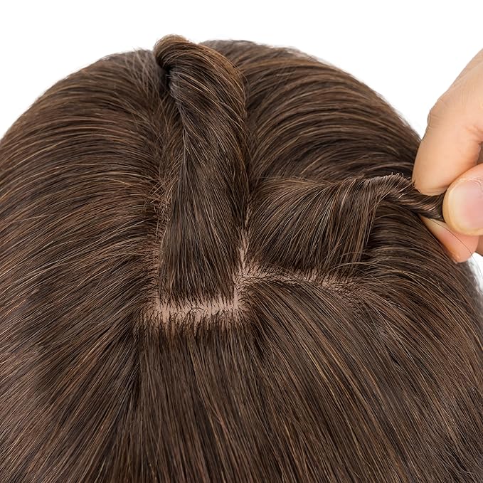 Hairro Human Hair Toppers Free Parted, 3.5x4.7" Base Hand-wovened 100% Real Hairpieces, with Invisible Clips-in for Women, for High Hairline/Adding Volume on Top, 14 Inch Dark Brown
