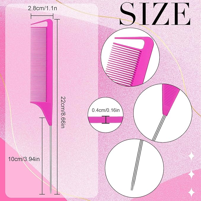 Patelai 30 Pieces Rat Tail Combs Bulk, Hair Teasing Fine Tooth Pintail Combs Braiding Hair Styling Tools with Steel Pin for Stylists Salon Teasing Sectioning Coloring Detangling(Rose Red)