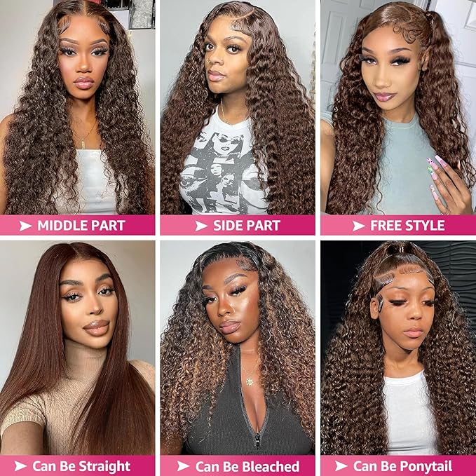 13x6 Deep Wave Lace Front Wigs Human Hair Chocolate Brown 200 Density HD Lace Front Wigs Human Hair Curly Wig Pre Plucked Human Hair Glueless Frontal Wigs with Baby Hair (34 Inch)
