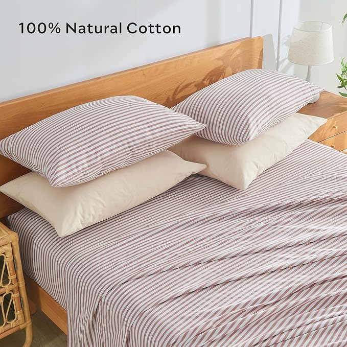 JELLYMONI 100% Natural Cotton Striped Standard Pillowcases Set, 2 Pack White and Pink Stripes Pattern Printed Pillow Covers with Envelope Closure(Pillows are not Included)