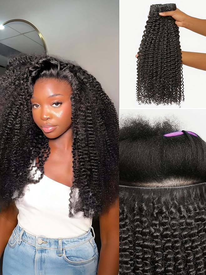 LUVME Invisible Clip ins Hair Extensions Deep Kinky Curly Real Human Hair Remy Hair Clip ins for Women, Natural Human Hair,24 inch 2 Pack 220g 12Pcs, Natural Black