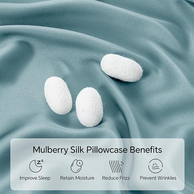 INFIIXSO Mulberry Silk Pillowcase for Hair and Skin, Silk Pillow Cases Queen Size with Hidden Zipper 20x30 Inches, Super Smooth and Soft Cooling Pillow Cases for Hot Sleepers(Haze Blue, 1 Pack)
