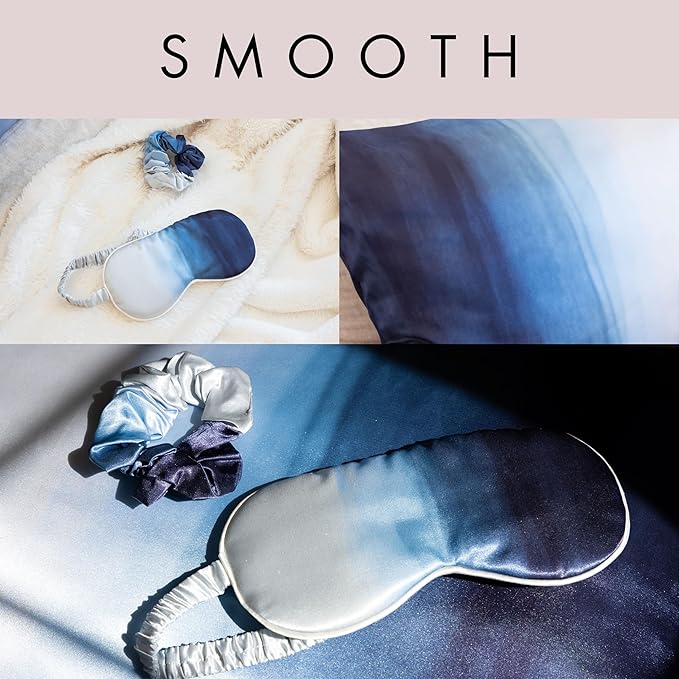 Fenrici Luxury Satin Pillowcase Gift Set – Includes Eye Mask & Scrunchie, Pure Vegan Silk for Hair & Skin Care, Elegant Blue Ombre Design, Standard Size, Gift for Mom, Daughter, Girlfriend!