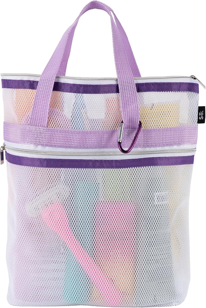 S&T INC. Mesh Shower Caddy, Shower Bag for Dorm Room Essentials, Gym Bag, Camping and More, Two Zippered Pockets, White and Purple, 10 Inches x 10 Inches