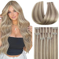 Full Shine Seamless Clip in Hair Extensions Real Human Hair, Ash Blonde with Blonde Highlight, Invisible PU Weft Remy Human Hair Extensions Fill Ins, 4Pcs 18Inch 85 grams