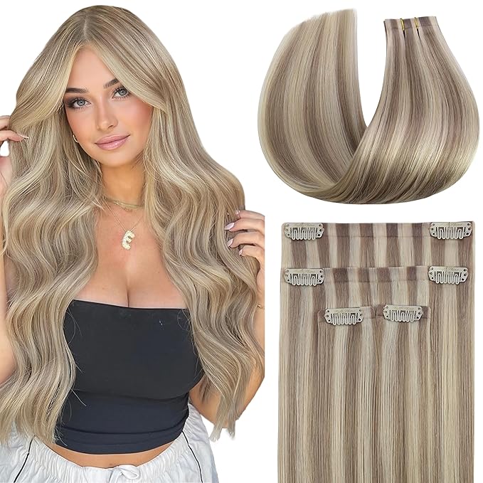 Full Shine Seamless Clip in Hair Extensions Real Human Hair, Ash Blonde with Blonde Highlight, Invisible PU Weft Remy Human Hair Extensions Fill Ins, 4Pcs 18Inch 85 grams