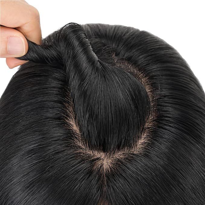 Hairro Human Hair Toppers Free Parted, 3.5x4.7" Base Hand-wovened 100% Real Hairpieces, with Invisible Clips-in for Women, for High Hairline/Adding Volume on Top, 14 Inch Jet Black