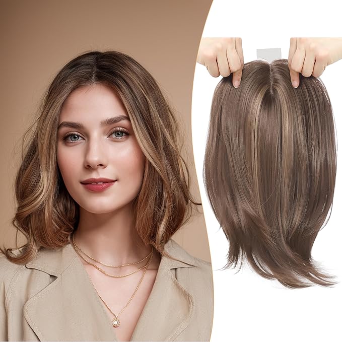 CROWN GUIDE 12 Inch Hair Toppers for Women with Thinning Hair - Synthetic Clip in Topper with Bangs Breathable Hairpiece 6.5x6.5 Base, Volume Wiglets Full Coverage (Dark Golden Brown Highlight)