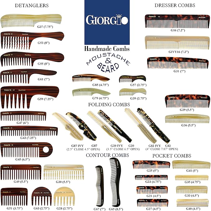 Giorgio G31 Fine Tooth Comb and Wide Tooth Hair Comb, Hair Styling Comb for Men, Grooming Hair Combs for Women, Mens Beard Care Combs for Detangling and Styling, Handmade Saw-Cut and Hand Polished