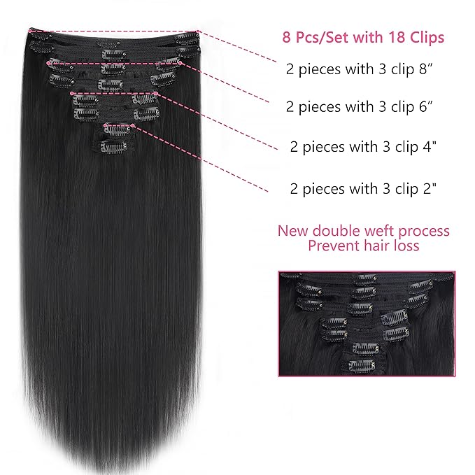Clip in Hair Extensions Real Human Hair For Women 100% Unprocessed Brazilian Virgin Hair Straight Clip ins 8pcs With 18 Clips 120g(22inch,#1B)