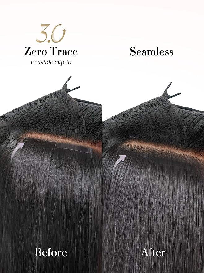 LUVME 0.59mm Zero Trace Invisible Clip in Hair Extensions, Yaki Straight 2 Pack 7 Pcs 100g 18 Inch, 100% Real Human Hair Clip Ins, Invisible Multi Piece System, Comfortable Wear for School & Work