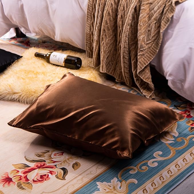 NTBAY 12 Pack Satin Standard Pillowcases for Hair and Skin, Luxurious and Silky Pillow Cases with Envelope Closure, 20 x 26 Inches, Brown