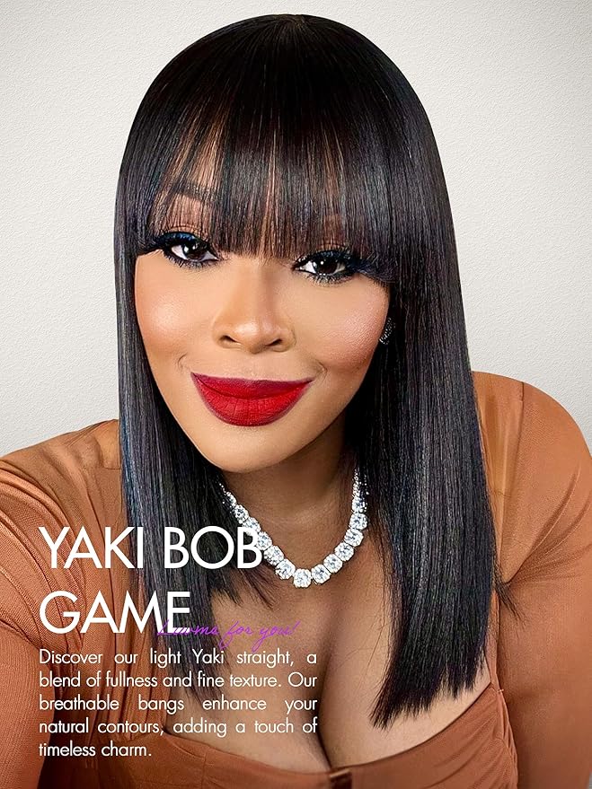 LUVME HAIR 14 Inch Light Yaki Straight Bob Wig with Bangs Human Hair Realistic HD Lace Short Black Bob Wigs, Ready to Go Blunt Cut Bob Wig Glueless 180 Density