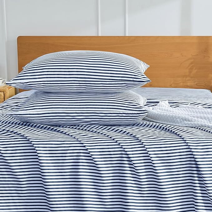 JELLYMONI 100% Natural Cotton Striped Standard Pillowcases Set, 2 Pack White and Dark Blue Stripes Pattern Printed Pillow Covers with Envelope Closure(Pillows are not Included)