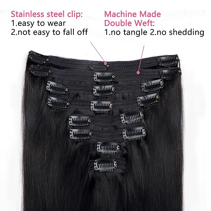 Straight Clip in Hair Extensions Real Human Hair For Women EasiContour Brazilian Virgin Hair Straight Clip ins 8pcs With 18 Clips 120g(26inch,#1B)