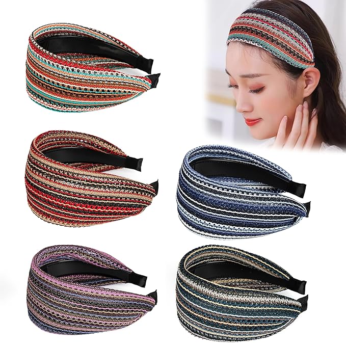 DORIS&JACKY Fashion 2.5 Inch Wide Lace Headbands Elastic Hairbands With Teeth Headwear Accessories For Women And Girls (Pattern 4-5PCS)
