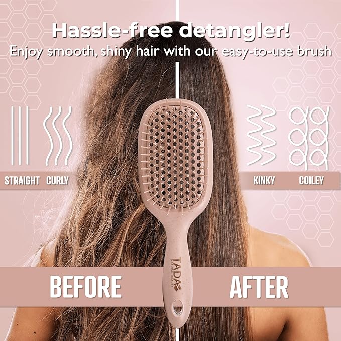 TADA Natural Beauty Hair Brush Detangler for Curly, Thick, Wavy, and Thin Hair - Ventilation Holes for Quick Drying and Styling, Detangler Brush for Women, Men, Kids (4 Colors) (2PK #1)