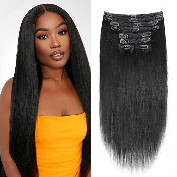 18 Inch Yaki-Straight Clip in Hair Extensions Real Human Hair Affordable Yaki Straight Clip in Human Hair Extensions Brazilian Virgin Hair clip on Hair 18Clips Per Set 120G