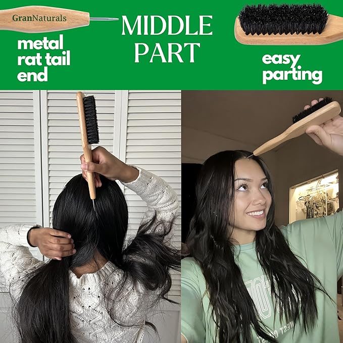 GranNaturals Smoothing & Styling Middle Part Boar Bristle Slick Back Hair Brush w/Narrow Metal Rat Tail End for Sectioning and Parting Sleek Ponytail Bun - Teasing, Backcombing, Edge Control