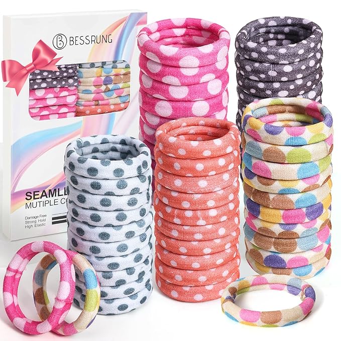 Bessrung 50 Pack Seamless Polka Hair Ties, No Damage Elastics Hair Ties for Women Girls, Soft Stretchy Ponytail Holders for Thin Thick Hair, Snag-Free Hair Bands Christmas Gift(Multicolored)