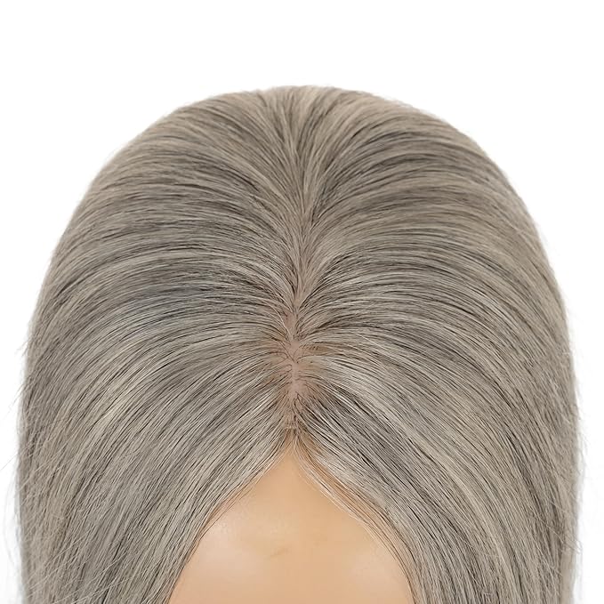 Hairro Human Hair Toppers Free Parted, 3.5x4.7" Base Hand-wovened 100% Real Hairpieces, with Invisible Clips-in for Women, for High Hairline/Adding Volume on Top, 10 Inch Blondish Grey Mix Silver