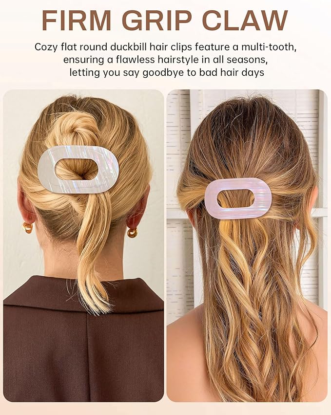 Mesovor 4 Pack French Flat Hair Clips for Women, 3.74" Nonslip Stylish Round Duckbill Lay Flat Hair Claw | Side Slide Volume Flat Hairclips for Lying Down, Yoga, Driving (Mermaid Stripes)