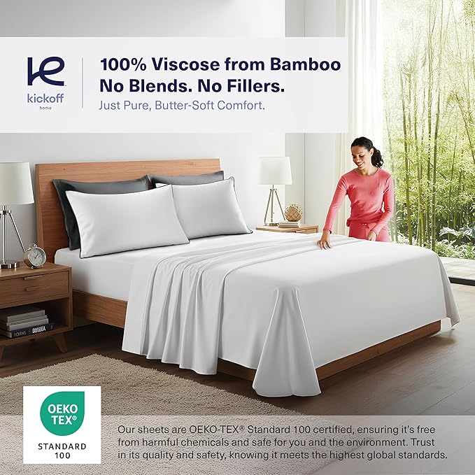 Kickoff Viscose Bamboo Pillowcase, Standard, Set of 2, 100% Organic Hidden Zippered Viscose Bamboo Pillow Case Standard Size, Cooling Pillow Cover for Hot Sleepers (20"x26", Trimmed, Pewter)