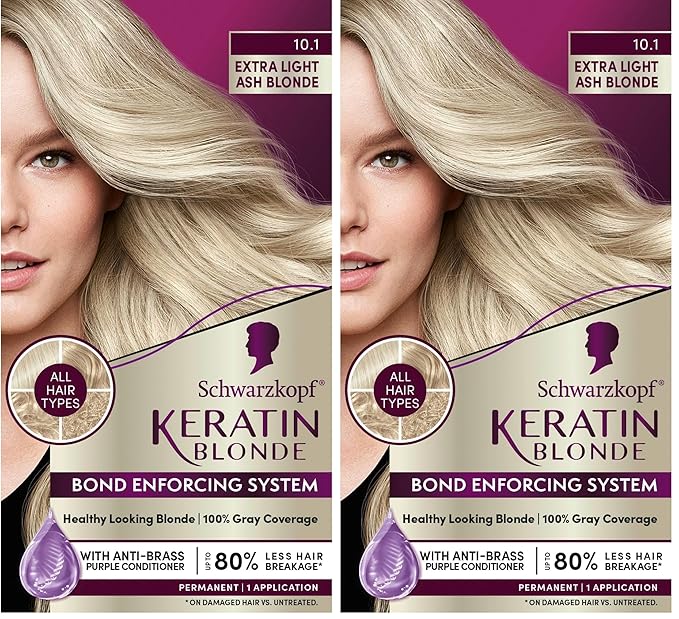 Schwarzkopf Keratin Color Permanent Hair Color, 10.1 Extra Light Ash Blonde, 1 Application-Salon Inspired Permanent Hair Dye, for up to 80% Less Breakage vs Untreated Hair and up to 100% Gray Coverage