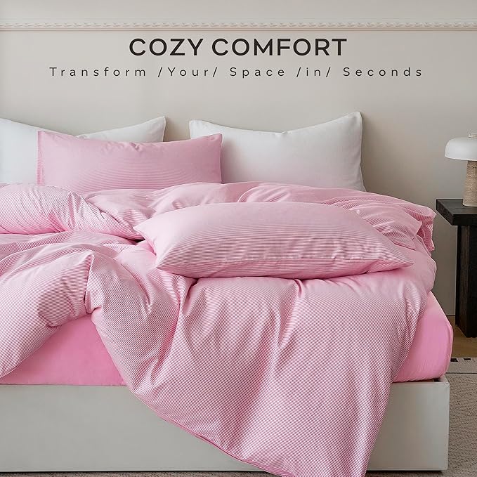 JELLYMONI 100% Natural Cotton Striped Standard Pillowcases Set, 2 Pack White and Thin Pink Striped Pattern Printed Pillow Covers with Envelope Closure(Pillows are not Included)