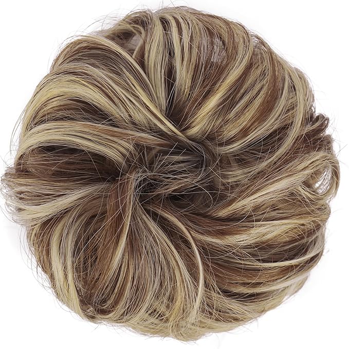 FESHFEN Messy Bun Hair Piece - Elastic Wavy Curly Hair Bun Scrunchies Extensions Synthetic Chignon Hairpieces for Women, Copper Brown & Beige Blonde 1.5 oz