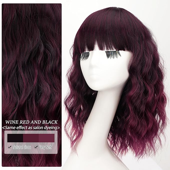 Nnzes Short Wavy Bob Wig with Bangs for Women Shoulder Length Curly Wine Red and Black Synthetic Heat-Resistant Fiber Hair for Daily & Party Use