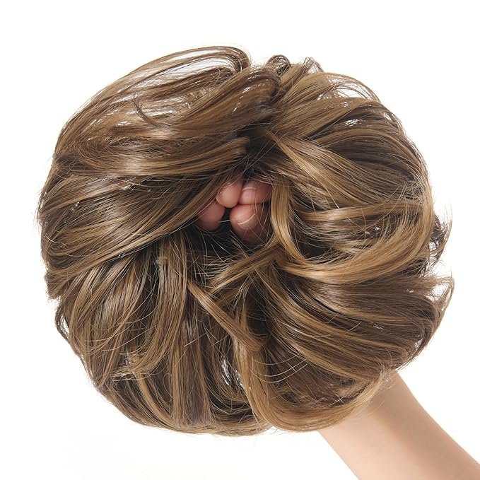 Large Messy Bun Hair Piece Curly Synthetic Extensions Scrunchies Fake Chignon Updo Hairpieces for Women Beige Bronde Mixed Chestnut Brown