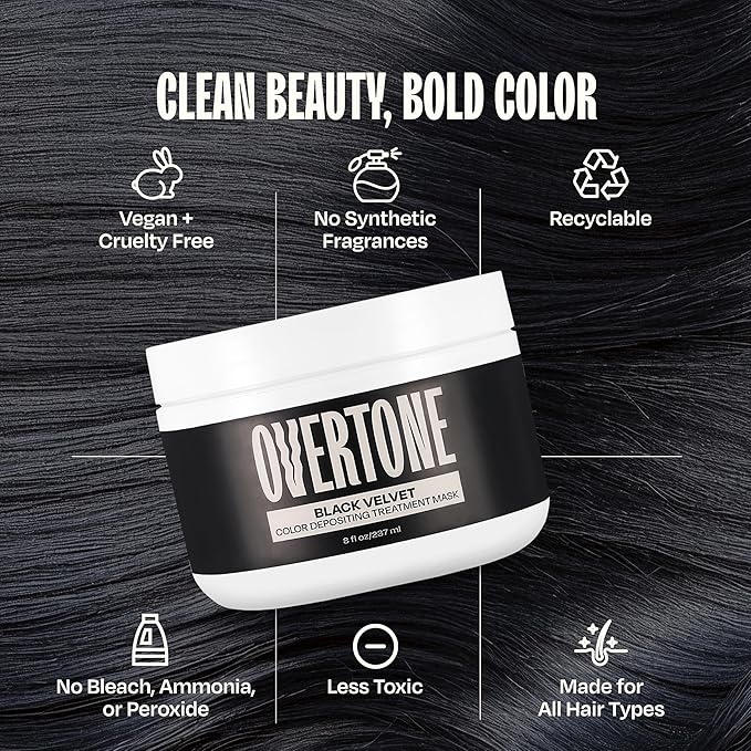 Overtone Semi Permanent Hair Color Conditioner, Black Velvet, 8 oz, Nourishing, Damage-Free, Color Depositing Mask for All Hair Types with Shea Butter & Coconut Oil, Vegan & Cruelty-Free