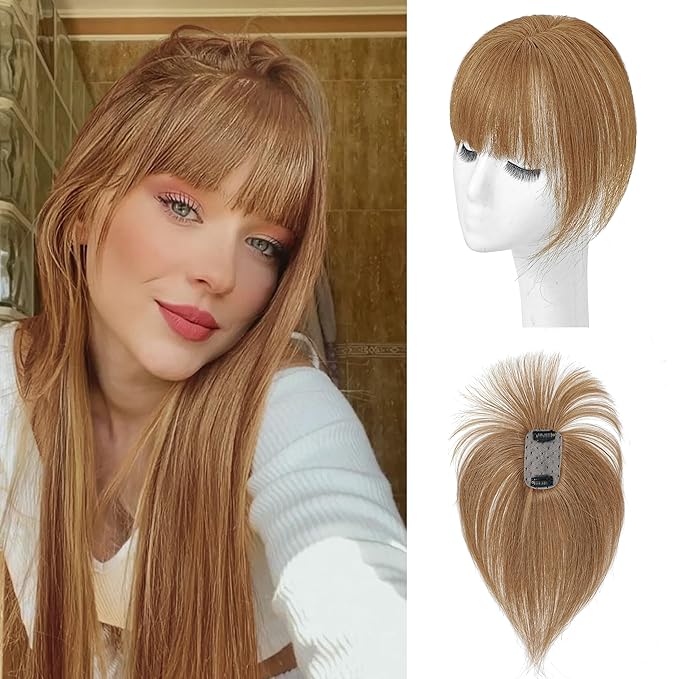 Hair Toppers for Women Real Human Hair - 360° Coverage Light Brown Clip In Topper with Bangs for Thinning Hair Upgraded 5×9 cm Silk Base Ideal for Everyday Use