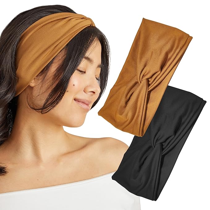 Kitsch Wide Headbands for Women - Fashion Sports Headband for Workout, Yoga, Gym, Running, Exercise | Stretchy Head Bands | Ideal Gifts for Women - Black and Camel, 2pcs