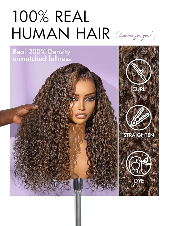 LUVME HAIR 7x6 HD Lace All-Day Comfort Wig PartingMax Lace Wigs Water Wave Curly Lace Front Wigs Human Hair Pre Cut Plucked Lace Frontal Glueless 18 Inches Hlighlight Color