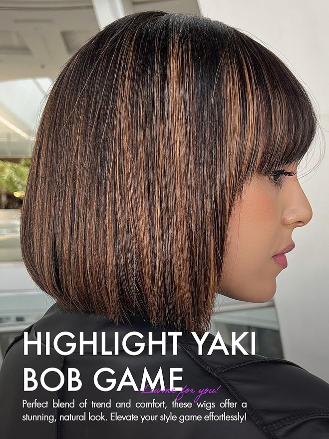 LUVME HAIR 14 Inch Yaki Straight Bob Wig with Bangs Human Hair Glueless HD Lace Bob Wig with Brown Highlights, Ready to Go Short Wigs For Women 180 Density Breathable Cap