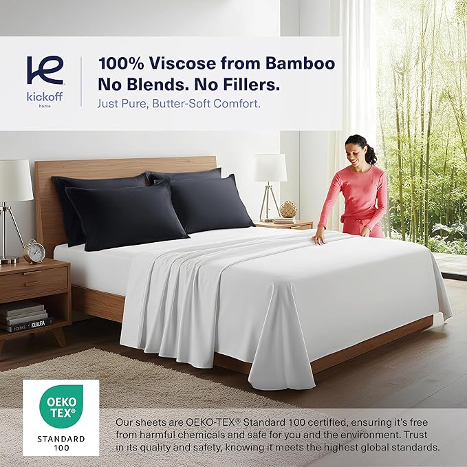 Kickoff Viscose Bamboo Pillowcase, Queen, Set of 2, 100% Organic Hidden Zippered Viscose Bamboo Pillow Case Queen Size, Cooling Pillow Cover for Hot Sleepers (20"x30", Onyx Black)