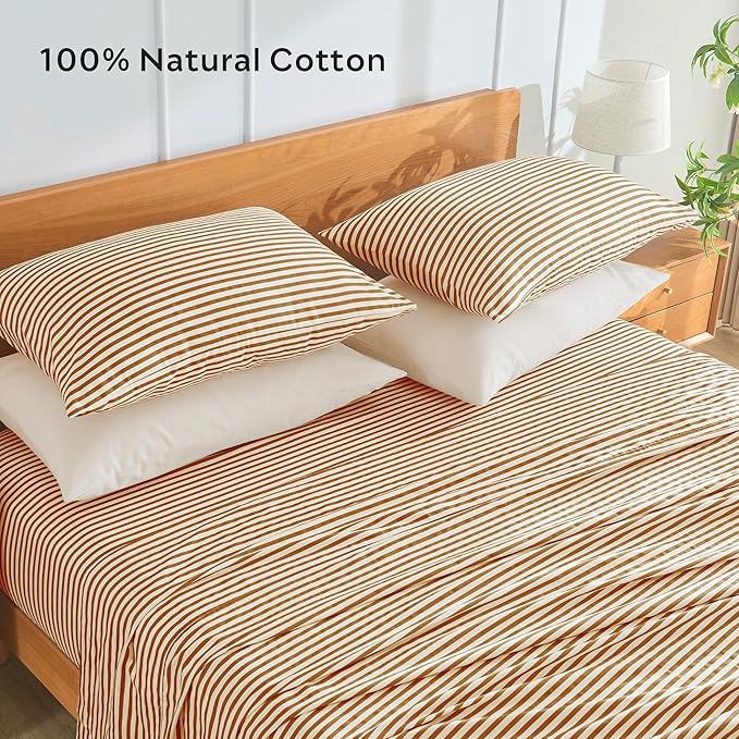 JELLYMONI 100% Natural Cotton Striped Queen Pillowcases Set, 2 Pack White and Rust Stripes Pattern Printed Pillow Covers with Envelope Closure(Pillows are not Included)