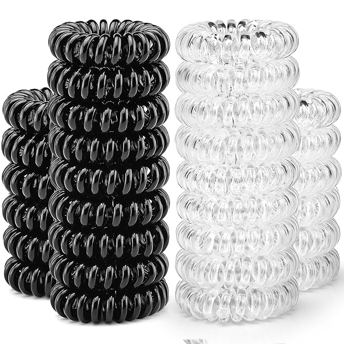 TailaiMei 30 Pcs Spiral Hair Ties, No Crease Coil Phone Cord Hair Ties for Thick Hair - Women Ponytail Holder Elastics(Black&Transparent)
