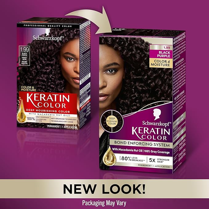 Schwarzkopf Keratin Color Permanent Hair Color, 1.99 Black Purple, 1 Application - Professionally Inspired Permanent Hair Dye, for up to 80% Less Breakage vs Untreated Hair and upto 100% Gray Coverage