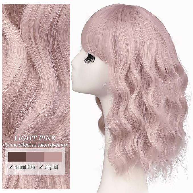 Nnzes Short Wavy Bob Wig with Bangs for Women Shoulder Length Curly Light Pink Synthetic Heat-Resistant Fiber Hair for Daily & Party Use