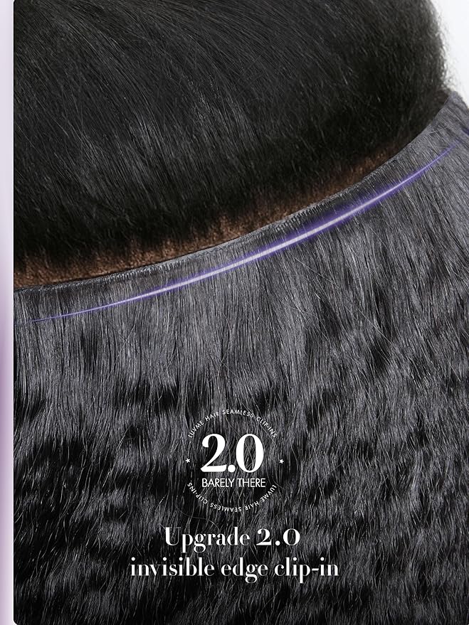 LUVME Invisible Clip in Hair Extensions, Kinky Straight Real Human Hair Remy Hair Clip ins for Women, Natural Human Hair, 20 inch 110g 7Pcs, Natural Black