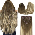 GOO GOO Clip in Hair Extensions Real Human Hair, Remy Human Hair Extensions Clip ins for Women, Natural Human Hair, 20inch 160g 7Pcs, #3/8/613 Balayage Walnut Brown to Ash Brown and Bleach Blonde
