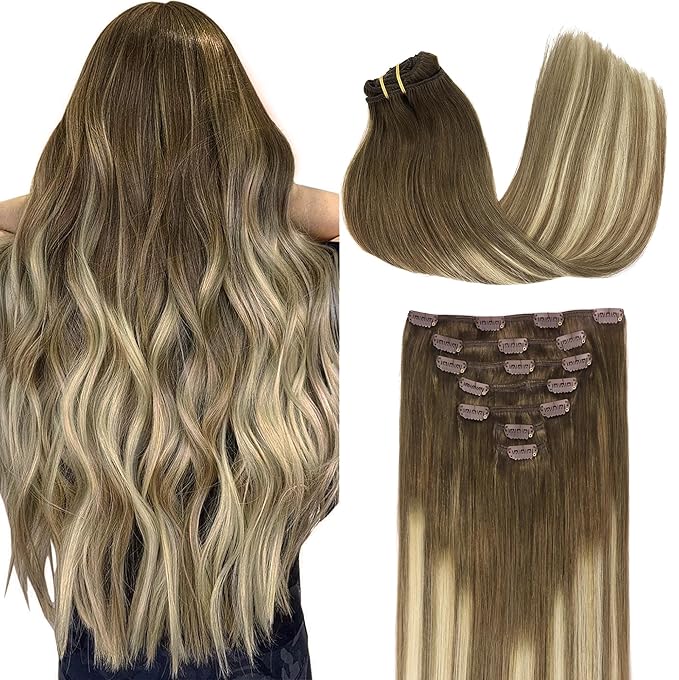 GOO GOO Clip in Hair Extensions Real Human Hair, Remy Human Hair Extensions Clip ins for Women, Natural Human Hair, 22inch 170g 7Pcs, #3/8/613 Balayage Walnut Brown to Ash Brown and Bleach Blonde