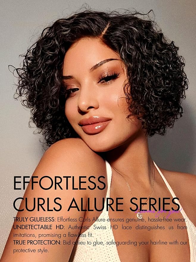 LUVME HAIR 8" Curly Glueless Wigs Human Hair Pre Cut/Plucked, Undetectable HD Lace Wig Ready to Go Lace Bob Wig Short Curly 180 Density