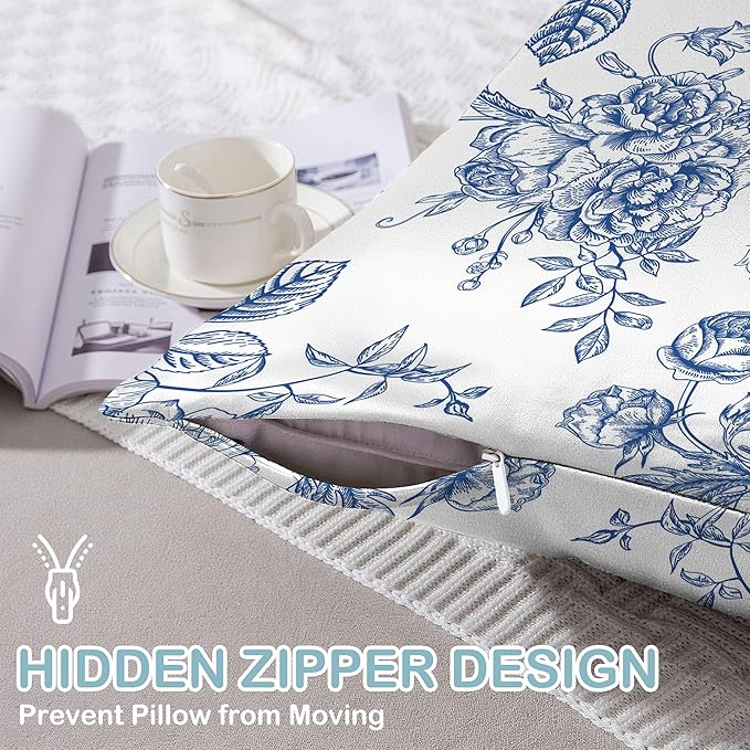 Satin Pillowcase 1 Pack-Blue Flowers Peonies Roses Silky Pillow Cover for Hair and Skin,Standard Size 20x26 Inch Soft Cooling Printed Pillow Cases with Hidden Zipper,Gifts for Women Men